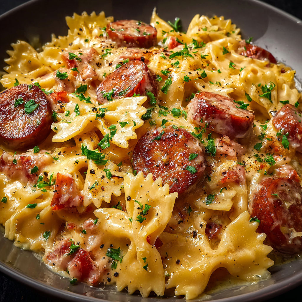 Farfalle crémeuses à la saucisse bien dorée et sauce au fromage.