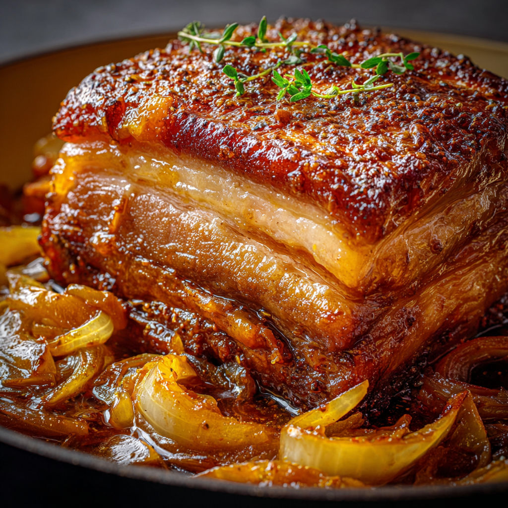 Grand morceau de porc confit enrobé d'une sauce délicieuse d'érable et bière blonde.