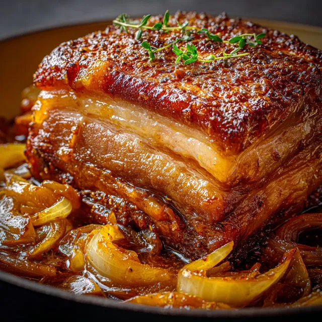 Grand morceau de porc confit enrobé d'une sauce délicieuse d'érable et bière blonde.