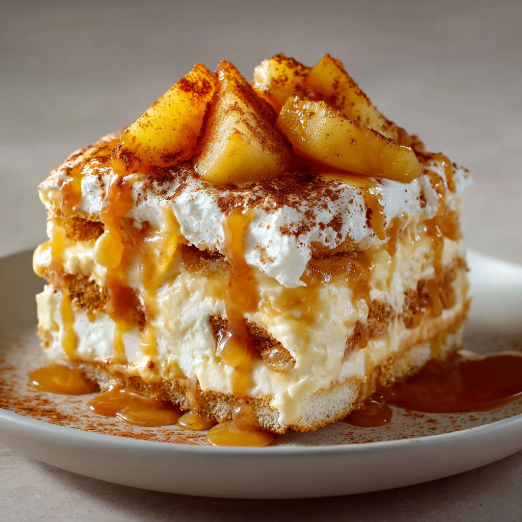 Un tiramisu aux pommes caramélisées et caramel salé, présenté avec élégance.