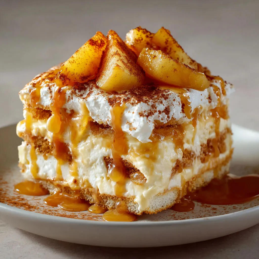 Un tiramisu aux pommes caramélisées et caramel salé, présenté avec élégance.