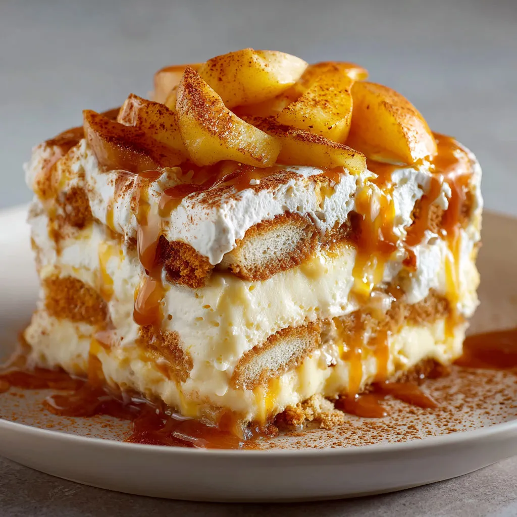 Tiramisu ultra gourmand au caramel salé et pommes fondantes.