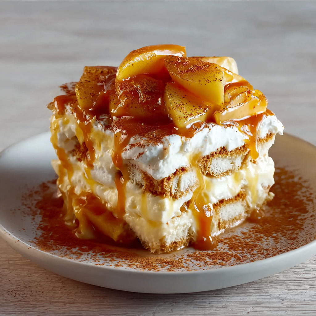 Tiramisu d’automne pommes caramélisées et sauce beurre salé.