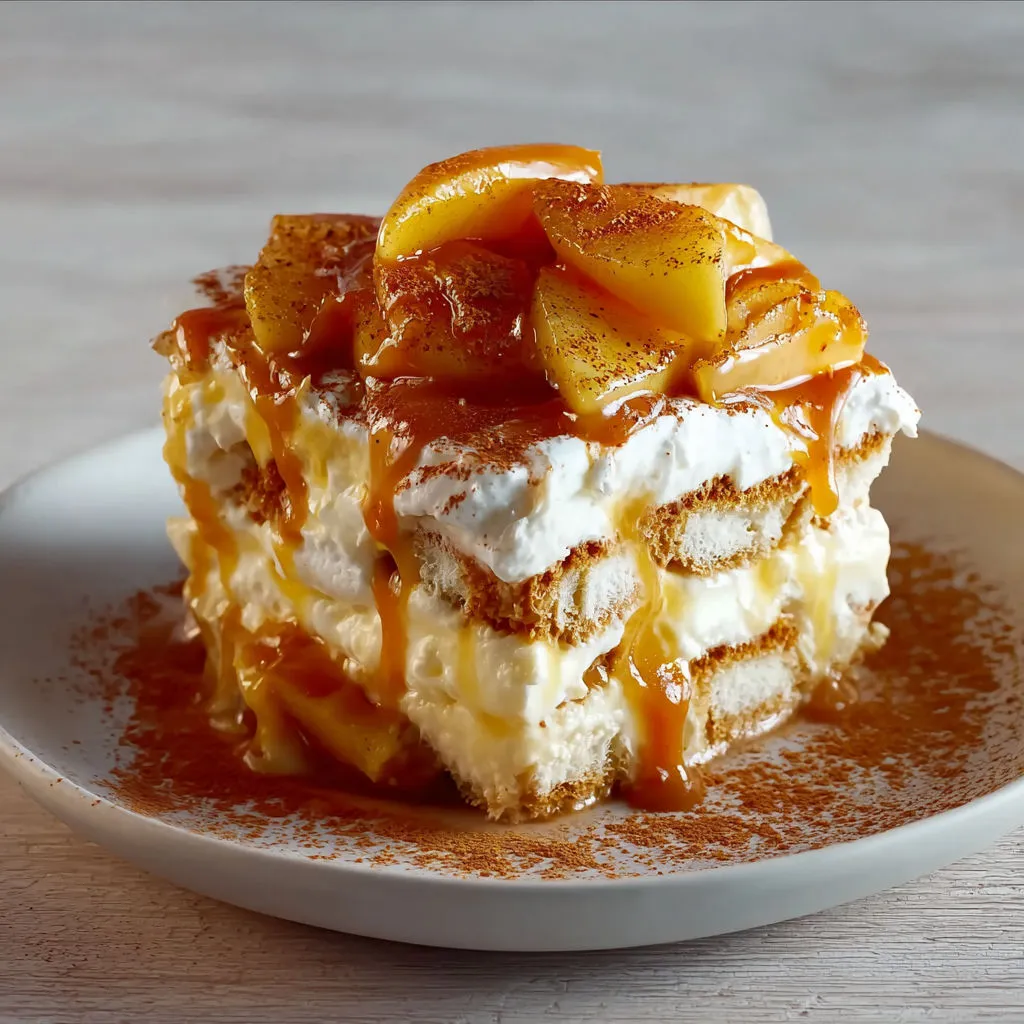 Tiramisu d’automne pommes caramélisées et sauce beurre salé.