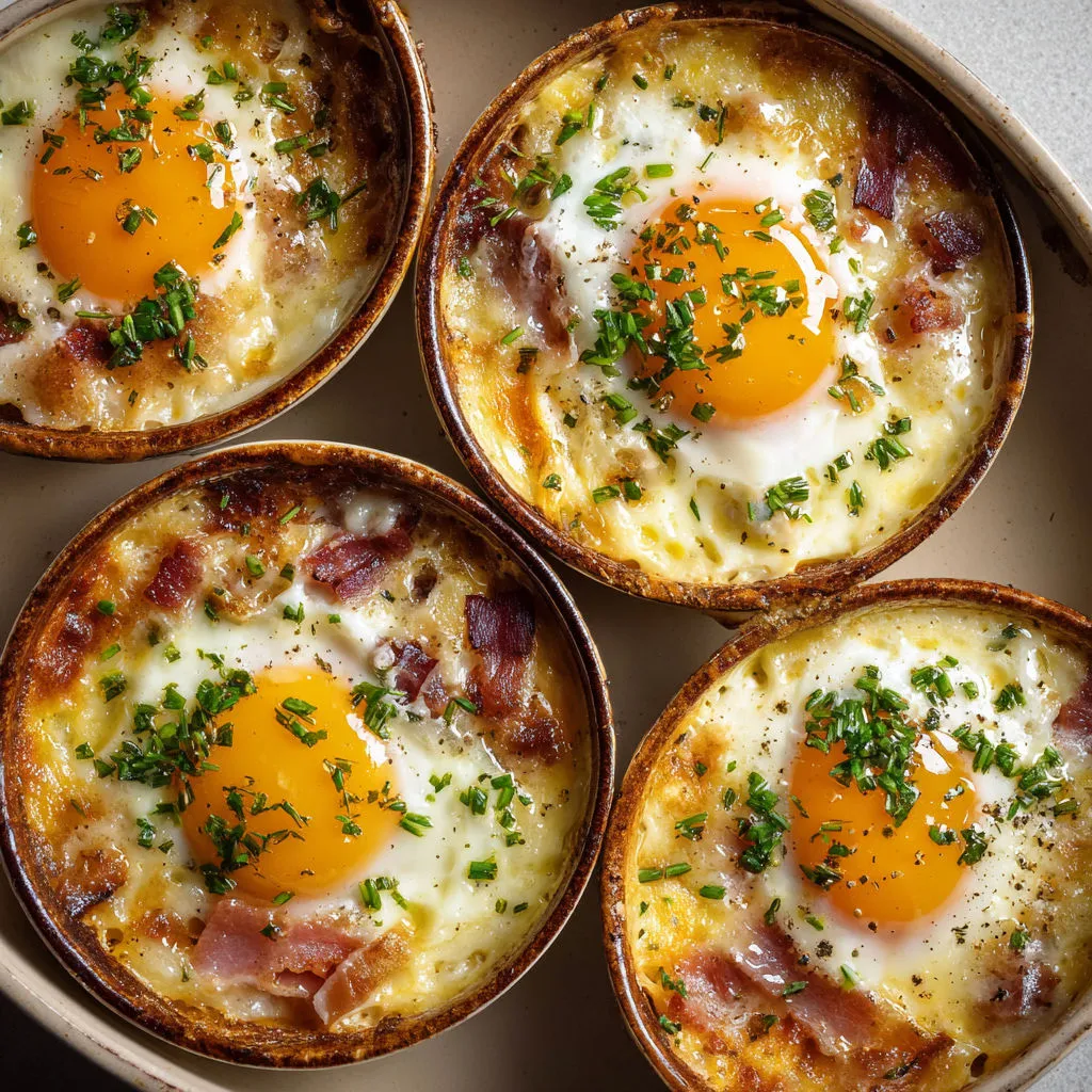 Quatre petits bols avec œufs et lardons dorés.