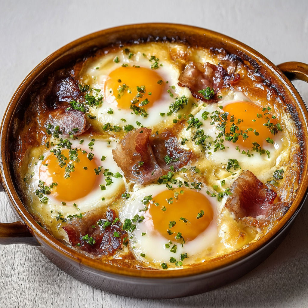 Ramequins d’œufs cocotte avec lardons et crème onctueuse.