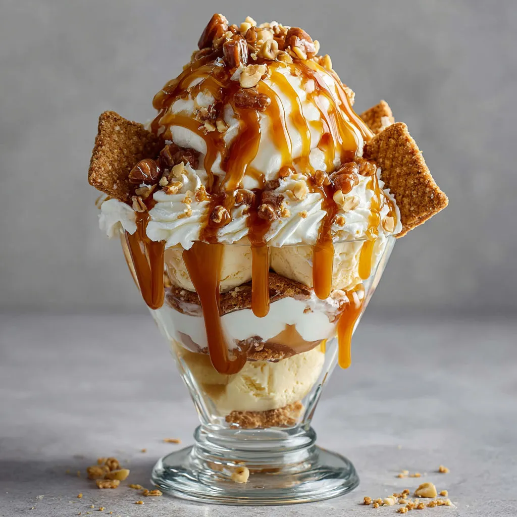 Un caramel de Noël gourmand dans un verre, décoré de noix croquantes et de sauce caramel.
