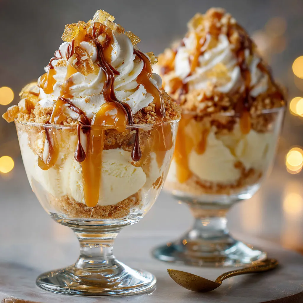 Sundae festif caramel beurre salé avec éclats croquants.