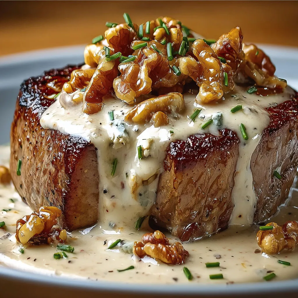 Un filet mignon servi avec une sauce roquefort crémeuse dans une belle assiette.