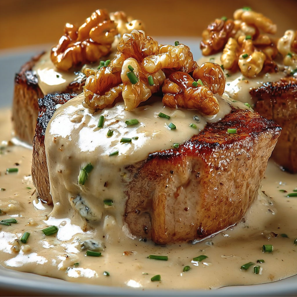 Tranche moelleuse de filet mignon recouverte de sauce crémeuse au roquefort.