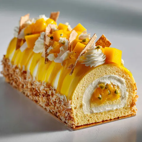 Une bûche douce avec mangue et coco, servie joliment sur une table blanche.