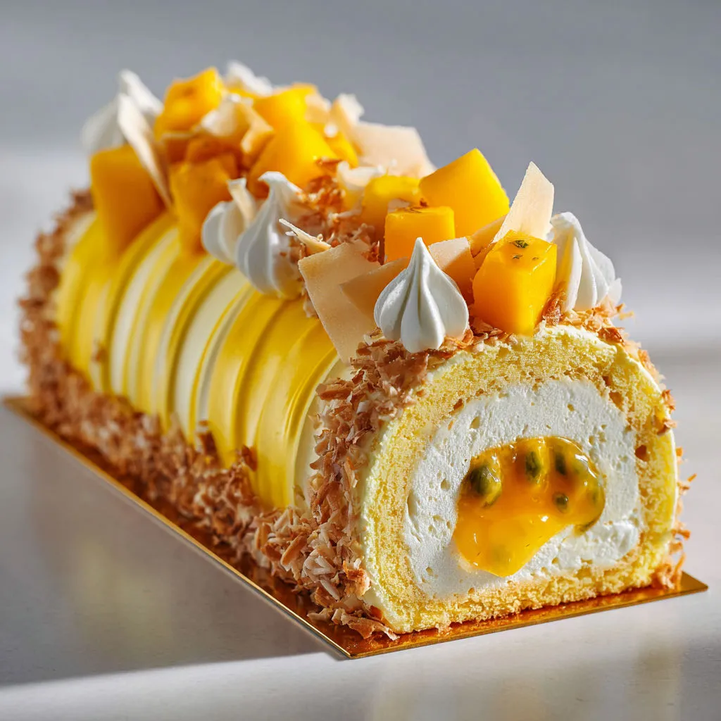 Dessert exotique mangue–passion–coco ultra frais.