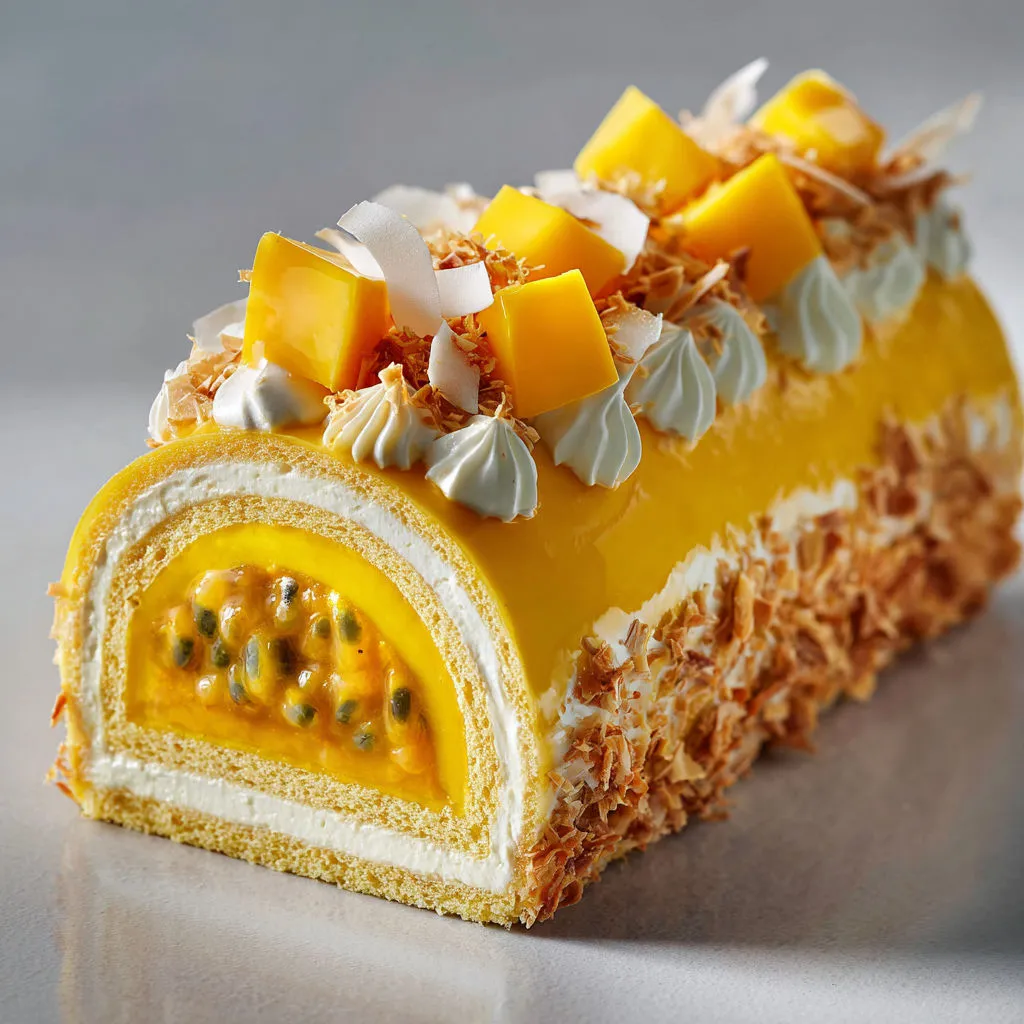 Bûche mangue passion coco hyper douce.