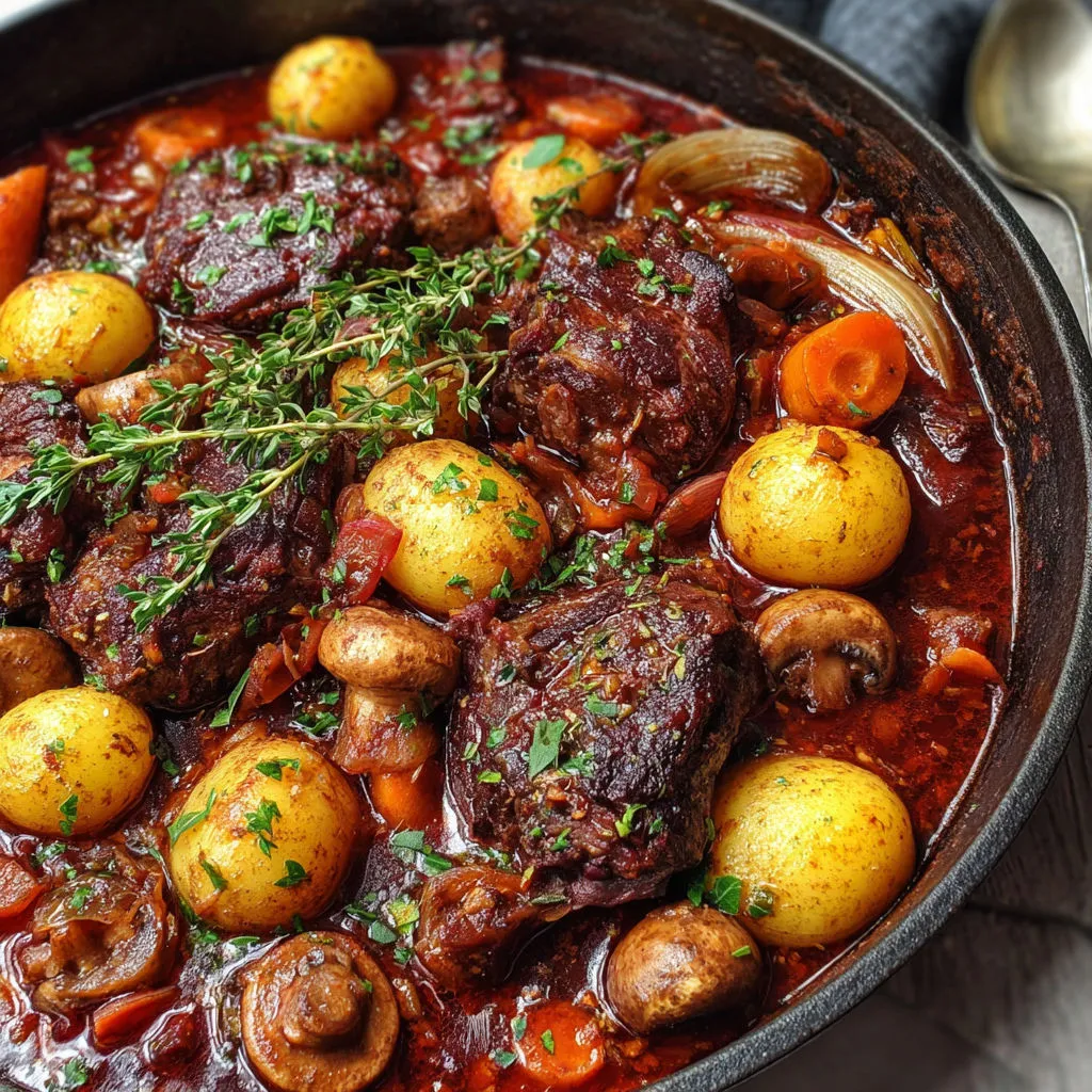 Un plat réconfortant d'agneau mijoté servi dans un bol rustique.