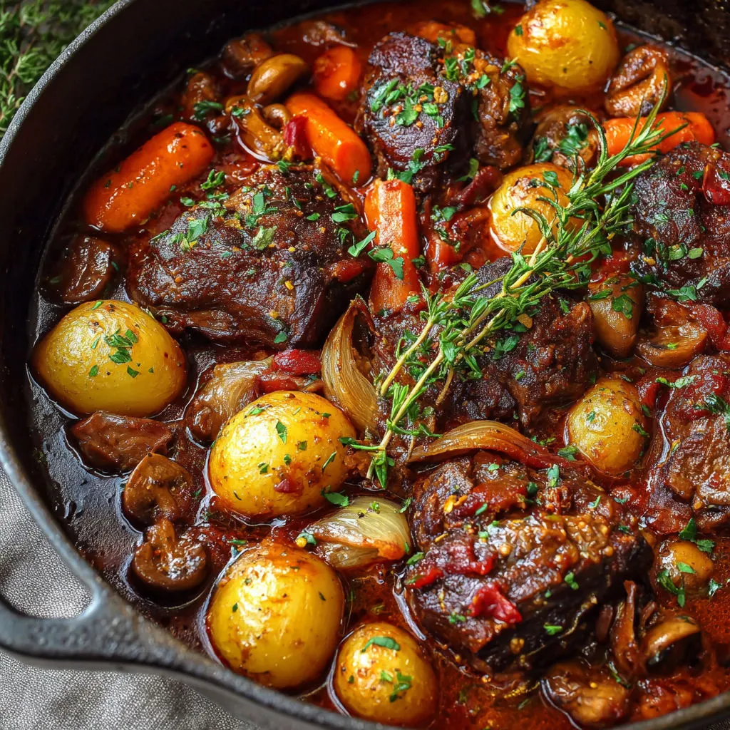Braisé d’agneau à l’ancienne au vin rouge et champignons.