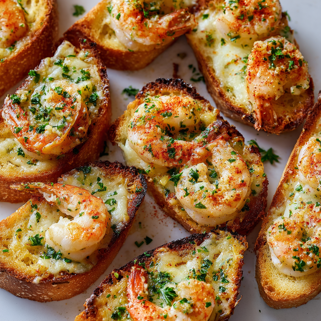 Un pain gratiné, orné de crevettes, ail et fromages fondants.