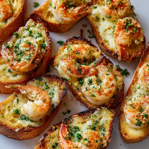 Un pain gratiné, orné de crevettes, ail et fromages fondants.