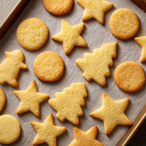 Un plateau rempli de biscuits Noël aux zestes de citron, accompagné de décorations festives.