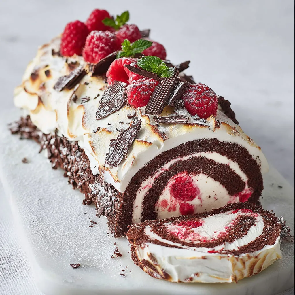 Grosse bûche festive glacée framboises cœur chocolat meringue.