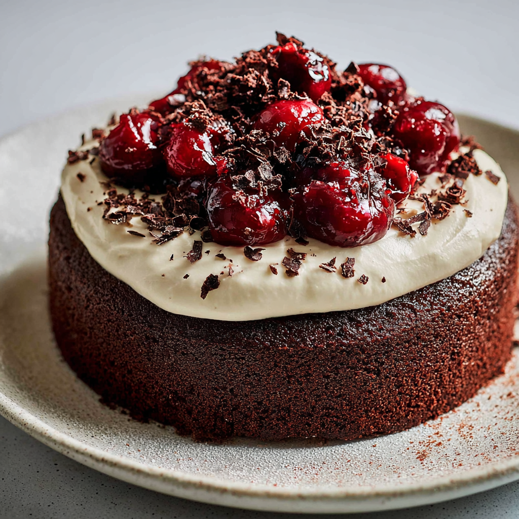 Une forêt-noire rendue simple, posée élégamment sur un plateau.