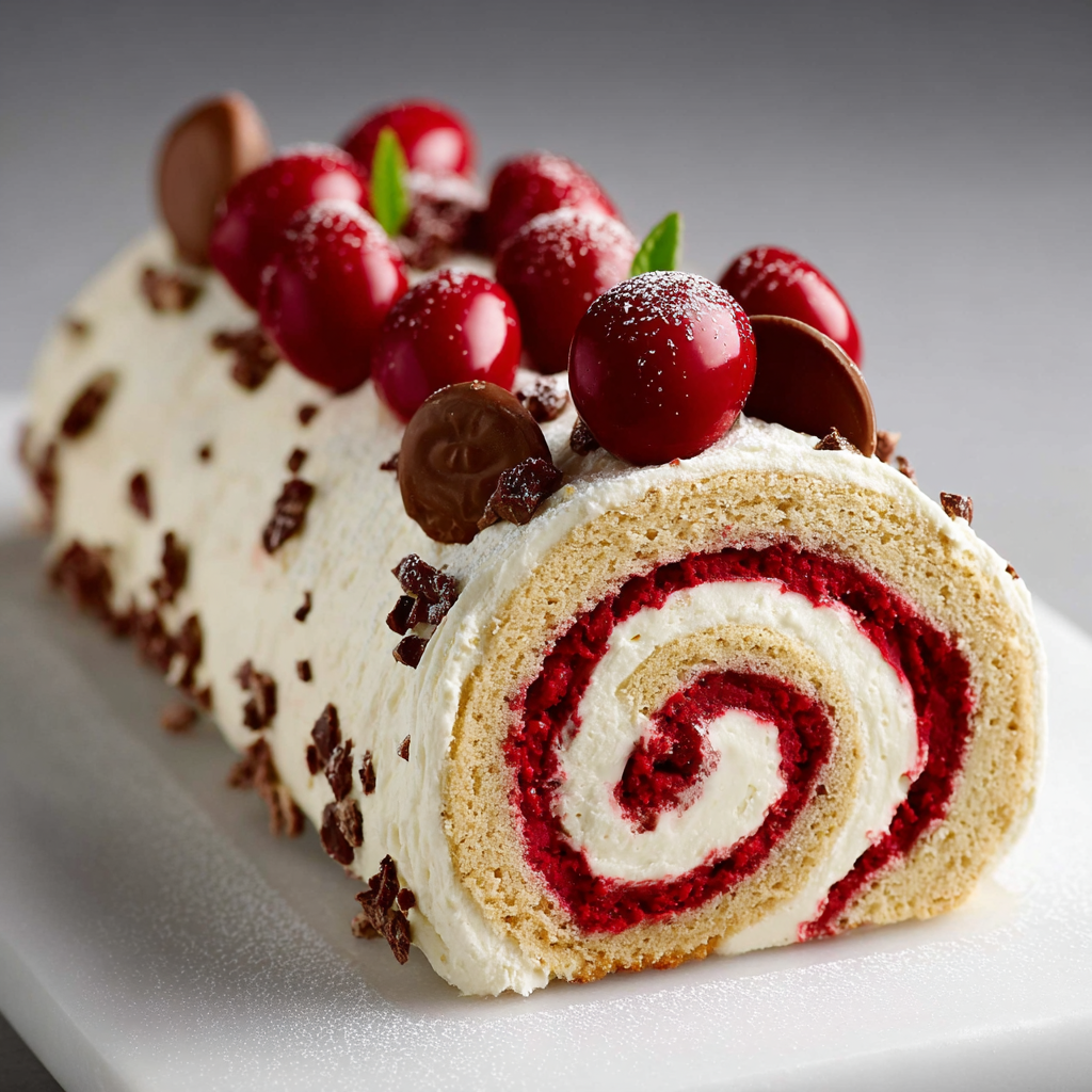 Un roulé au mascarpone avec cerises et chocolats Schoko-Bons façon Kinder.