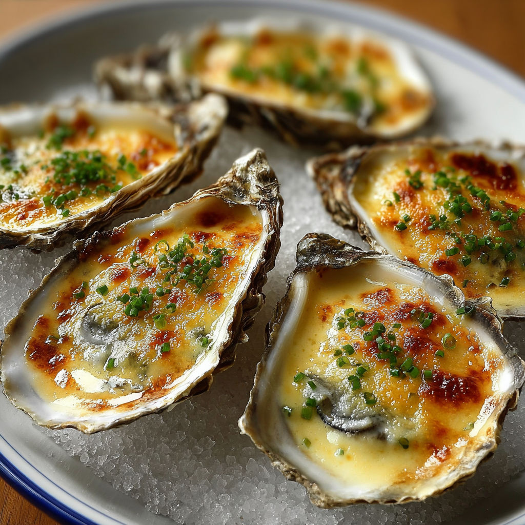Huîtres dorées au champagne et fromage fondant.