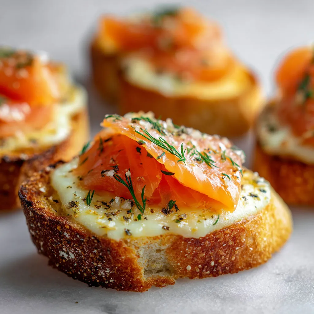 Épaisses tranches d’ail gratiné avec saumon fumé, fromage et herbes fraîches pour les fêtes.