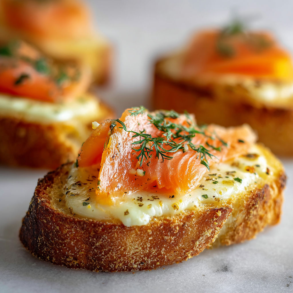Pain grillé, saumon et herbes fraîches sur le dessus.