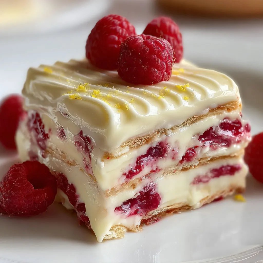 Chocolat blanc et framboises dans une lasagne gourmande, décorée de fruits frais.