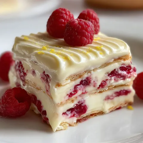 Chocolat blanc et framboises dans une lasagne gourmande, décorée de fruits frais.