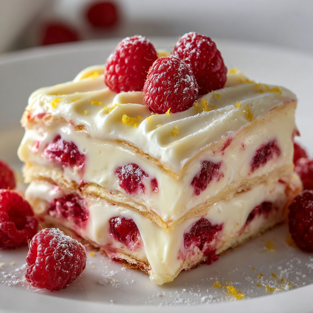 Plaisir lasagnes framboises et chocolat blanc.