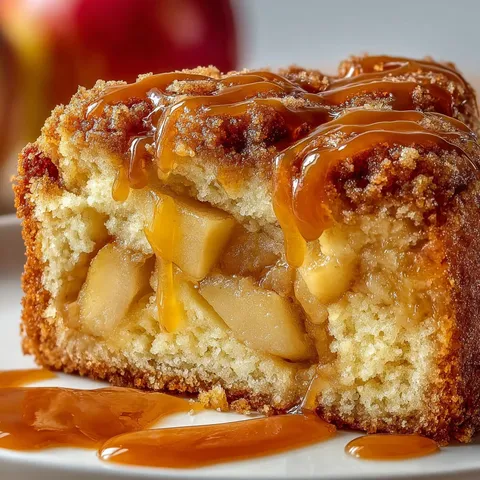 Part de gâteau moelleux pommes et caramel avec filet de caramel.