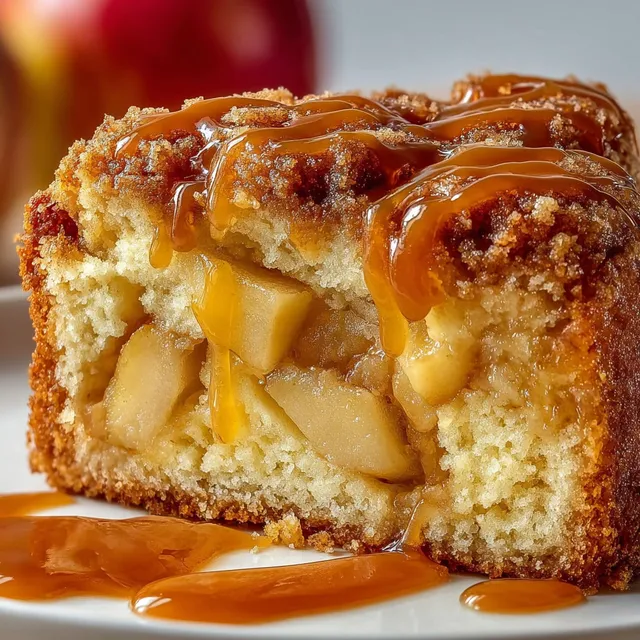 Part de gâteau moelleux pommes et caramel avec filet de caramel.