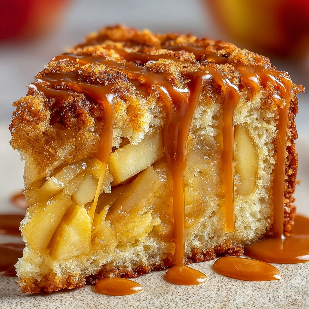 Gâteau fondant pommes caramel doré.