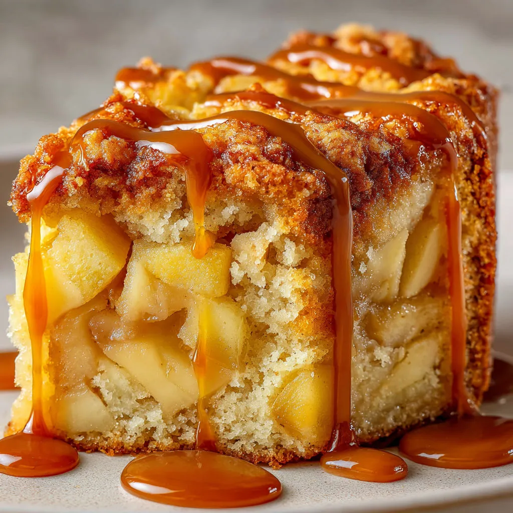 Gâteau tendre aux pommes rôties et caramel coulant.