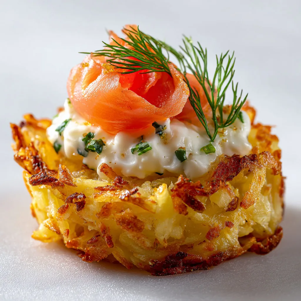 Un rösti doré aux pommes de terre et saumon fumé, garni de ciboulette.