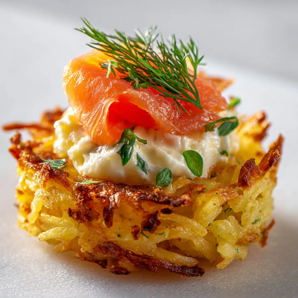 Mini röstis croustillants au saumon et fromage frais.