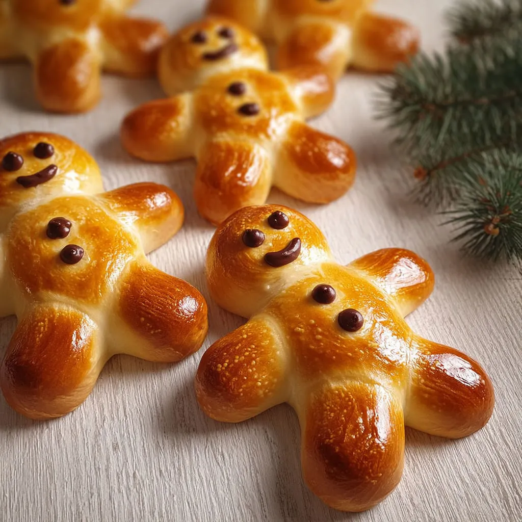 Une brioche alsacienne maison en forme de personnage servie avec des raisins secs, déposée sur une table convivialement.