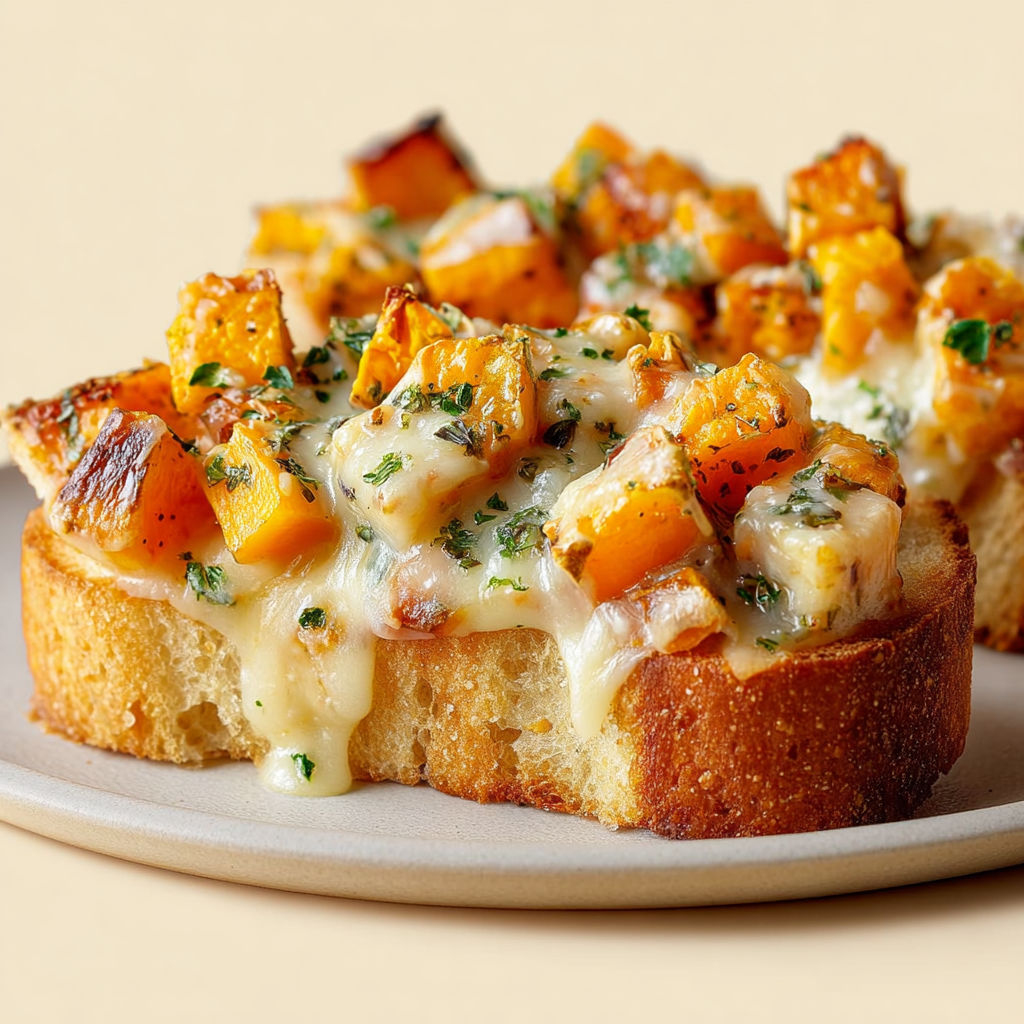 Pain festif croustillant, courge dorée, comté fondant et ail.