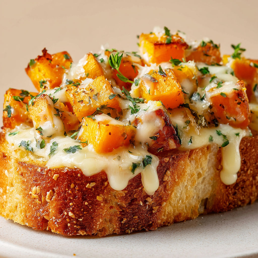 Baguette gratinée, courge butternut rôtie et comté crousti-fondant.