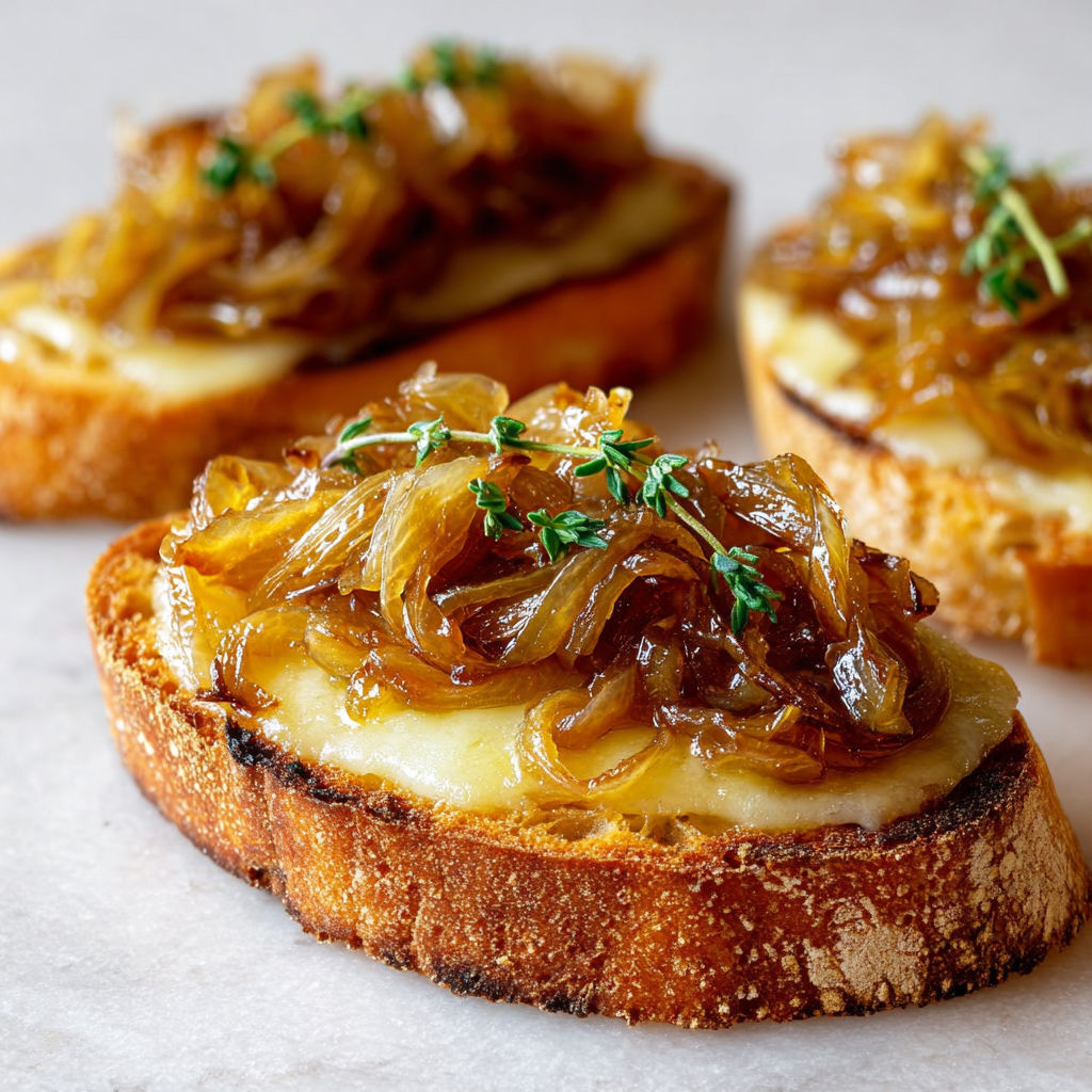 Bruschettas festives aux oignons fondants et fromage râpé sur un plateau élégant.