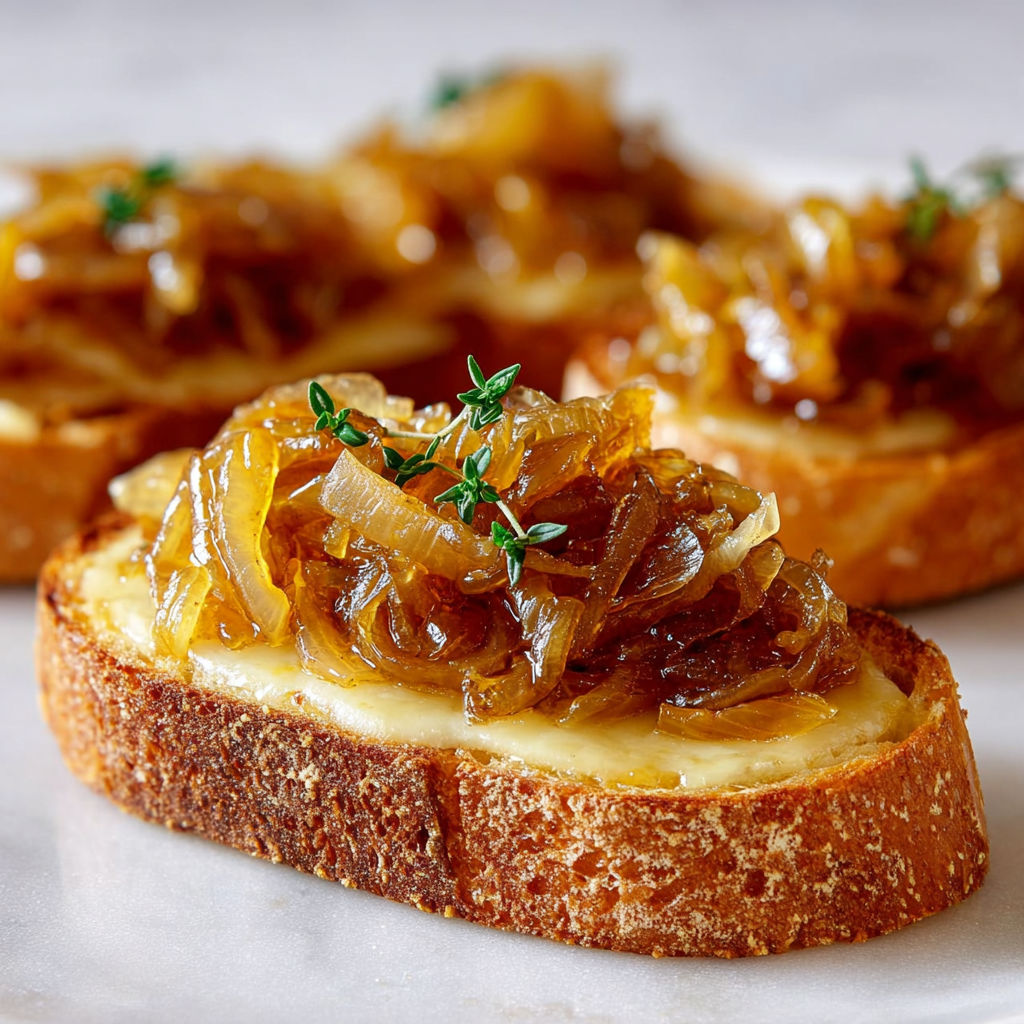 Bruschettas aux oignons caramélisés et gruyère sur pain croustillant.
