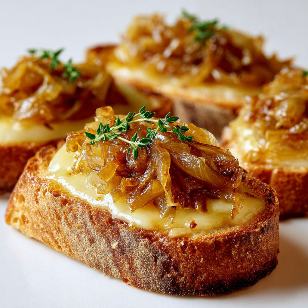 Bruschettas Noël   Oignons fondants et gruyère gratiné sur pain doré