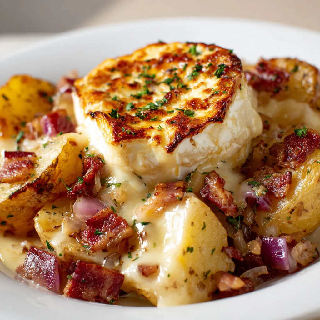 Gratin de pommes de terre au reblochon et bacon servi en bol.