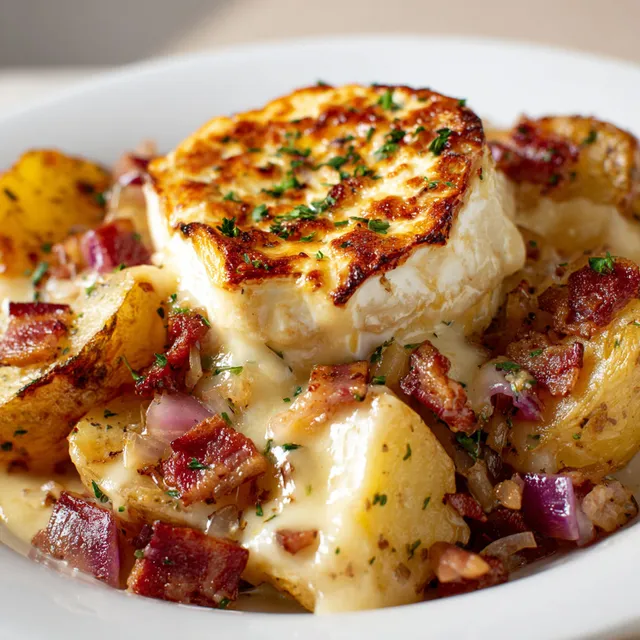 Gratin de pommes de terre au reblochon et bacon servi en bol.