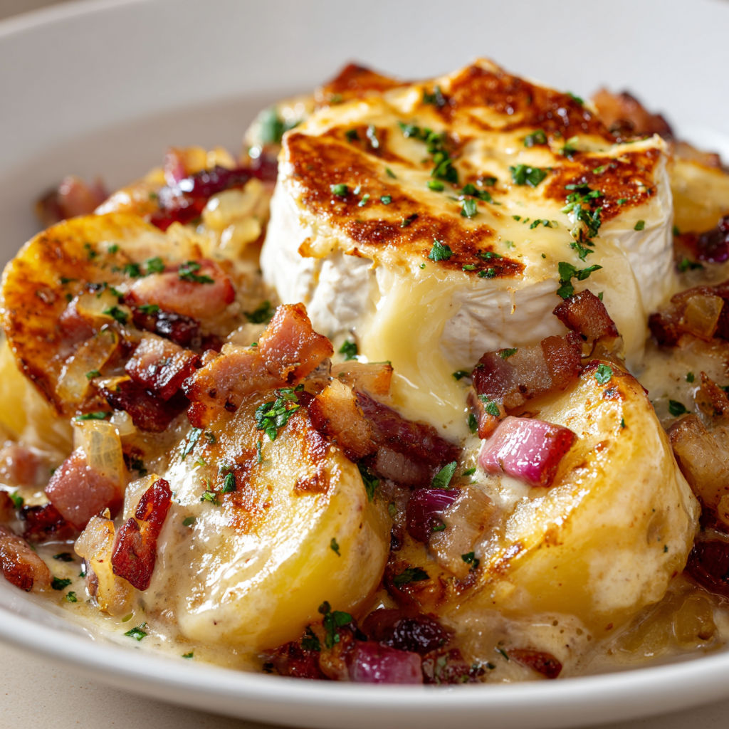 Délicieuse Tartiflette Savoyarde avec Pommes de Terre Fondantes et Fromage Doré.