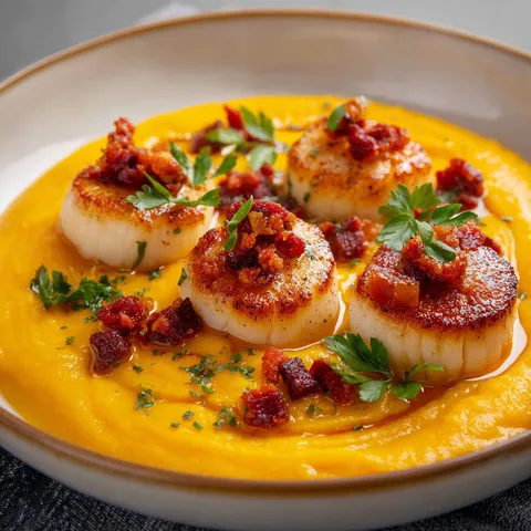 Une délicieuse assiette de butternut crémeuse, chorizo et coquilles Saint-Jacques avec des herbes fraîches.