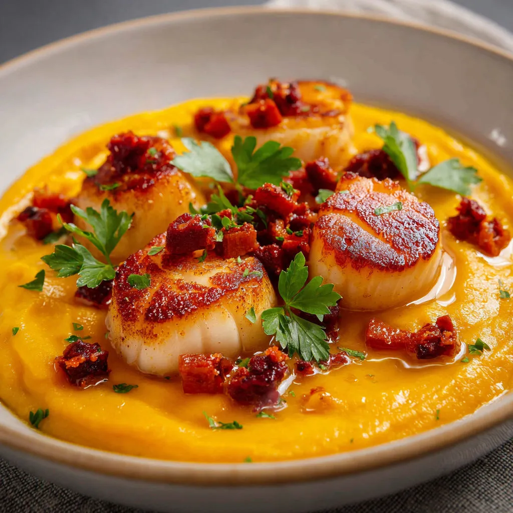 Noix de Saint-Jacques dorées, crème butternut et chorizo croustillant.