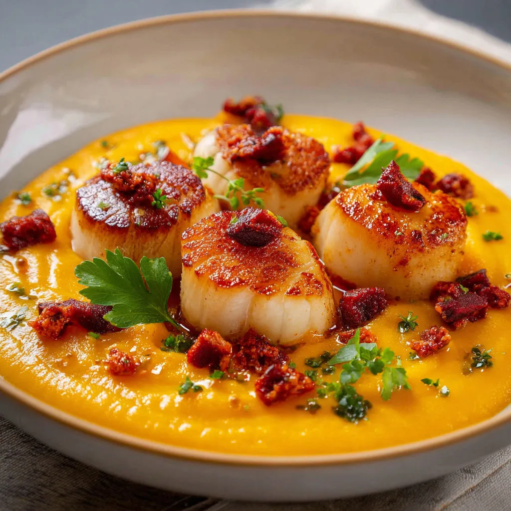 Saint-Jacques moelleuses, crème douce de courge et chorizo doré.