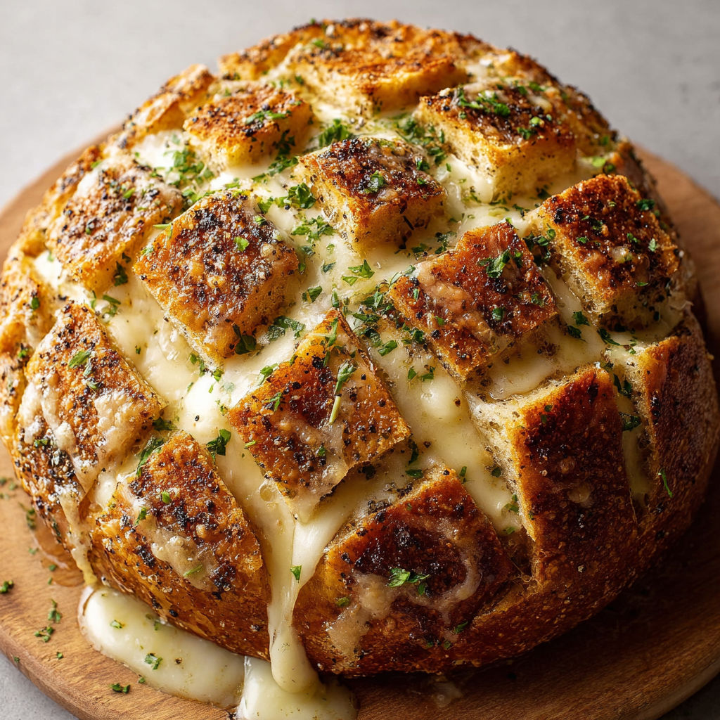 Un pain festif doré avec mozzarella fondante et poivre noir, servi sur un plateau en bois.